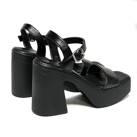 New Black Wide Band Platform Chunky Heel Sandals - Picture 4 of 4